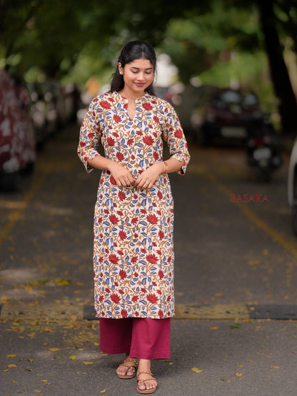 Kalamkari Red Lotus Block Printed COTTON Kurta