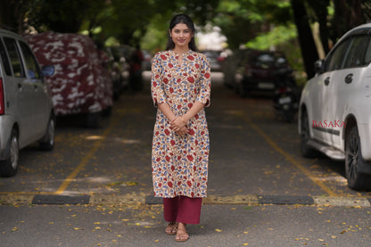 Kalamkari Red Lotus Block Printed COTTON Kurta