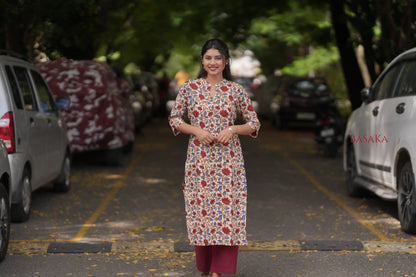 Kalamkari Red Lotus Block Printed COTTON Kurta