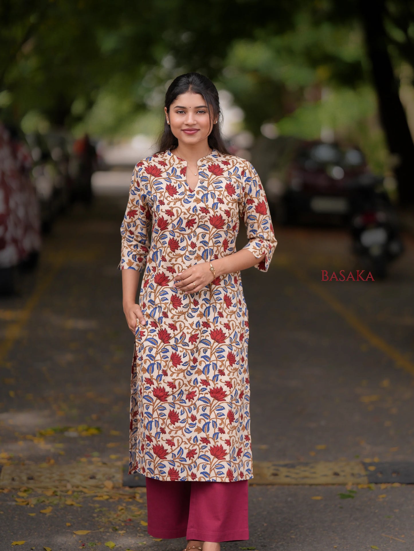 Kalamkari Red Lotus Block Printed COTTON Kurta