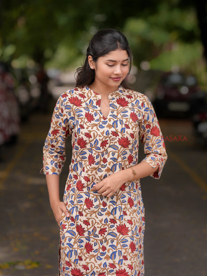 Kalamkari Red Lotus Block Printed COTTON Kurta