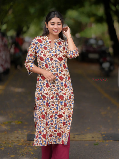 Kalamkari Red Lotus Block Printed COTTON Kurta