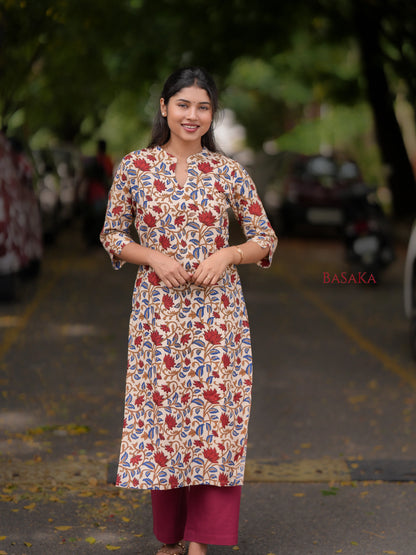 Kalamkari Red Lotus Block Printed COTTON Kurta