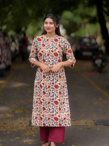 Kalamkari Red Lotus Block Printed COTTON Kurta