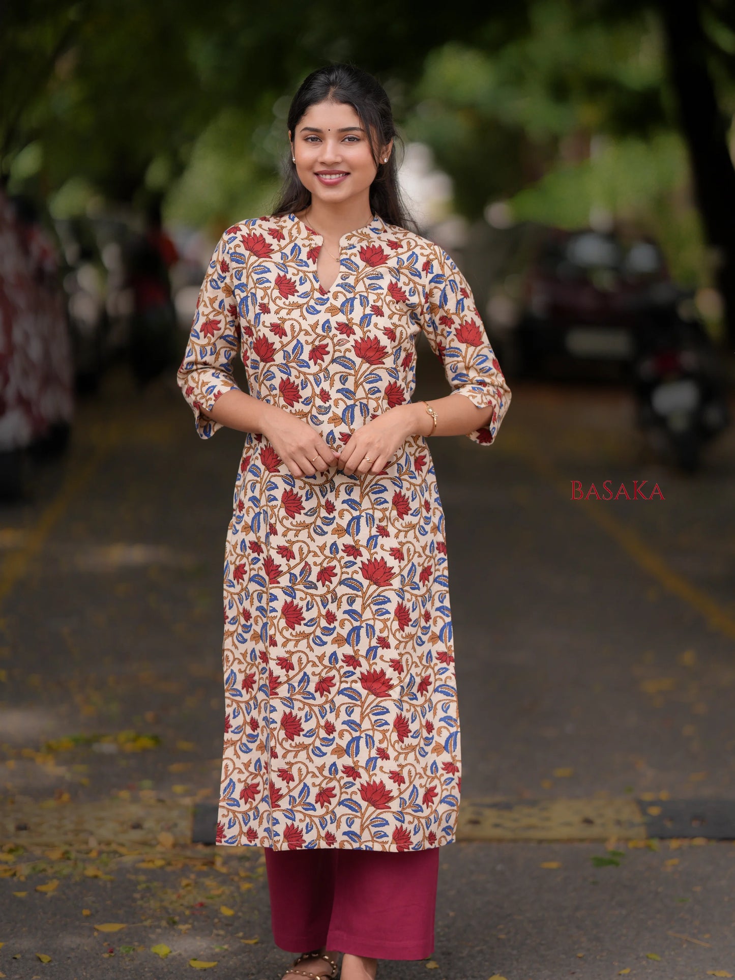 Kalamkari Red Lotus Block Printed COTTON Kurta
