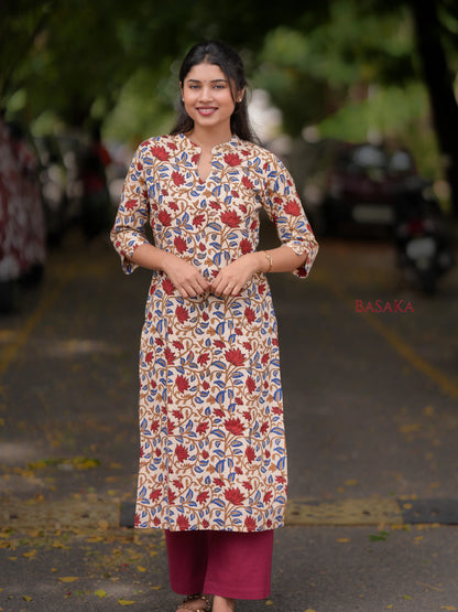 Kalamkari Red Lotus Block Printed COTTON Kurta