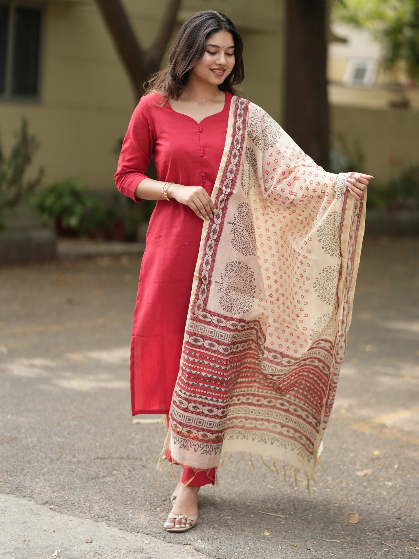 Red Madder Lake South Cotton Suit Set with Block Printed Dupatta (3 Pcs.)