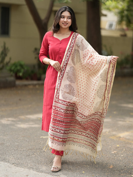 Red Madder Lake South Cotton Suit Set with Block Printed Dupatta (3 Pcs.)