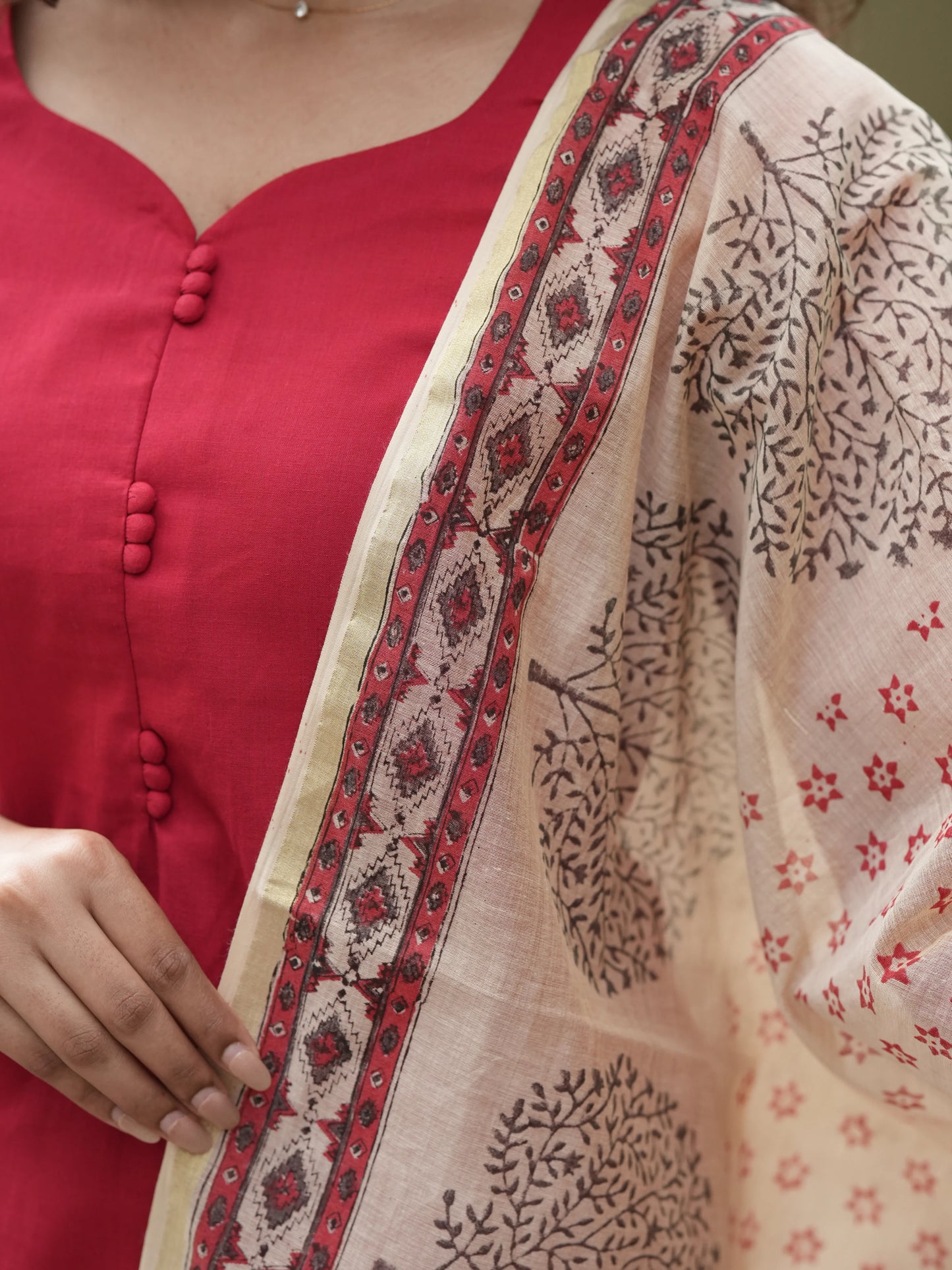Red Madder Lake South Cotton Suit Set with Block Printed Dupatta (3 Pcs.)