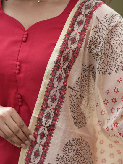 Red Madder Lake South Cotton Suit Set with Block Printed Dupatta (3 Pcs.)