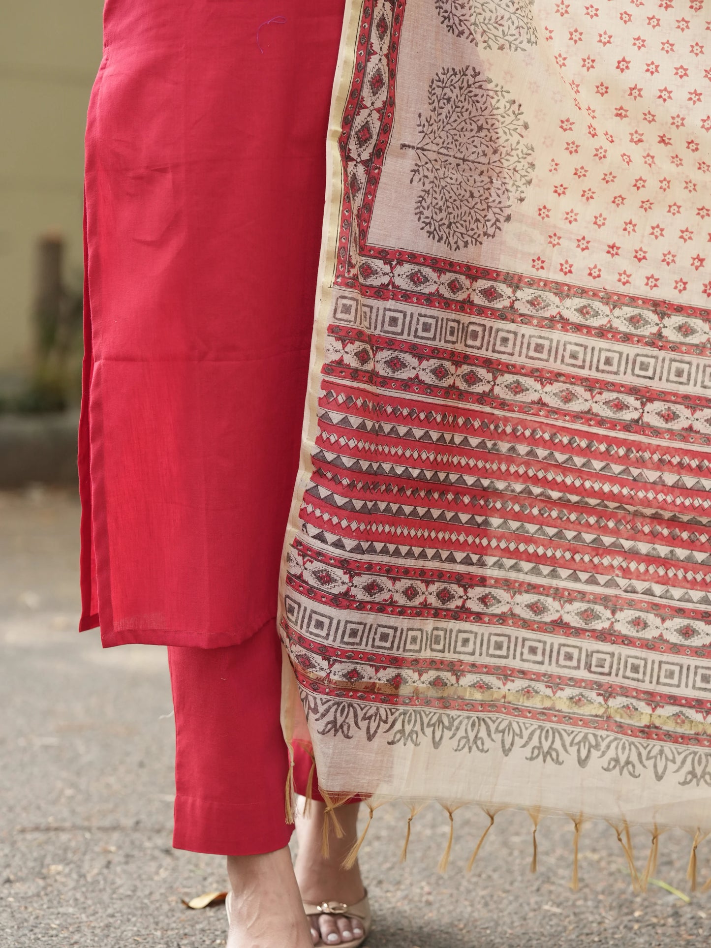 Red Madder Lake South Cotton Suit Set with Block Printed Dupatta (3 Pcs.)