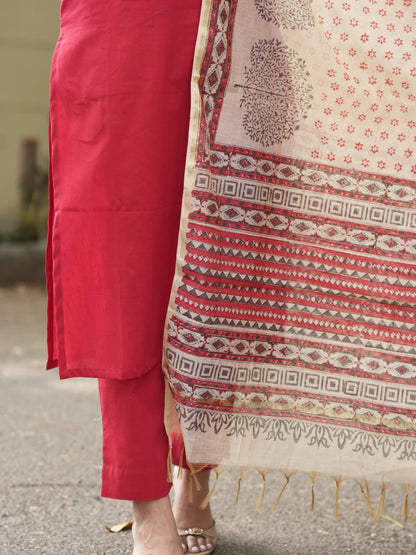 Red Madder Lake South Cotton Suit Set with Block Printed Dupatta (3 Pcs.)