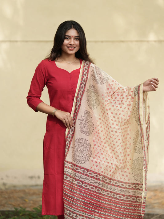Red Madder Lake South Cotton Suit Set with Block Printed Dupatta (3 Pcs.)