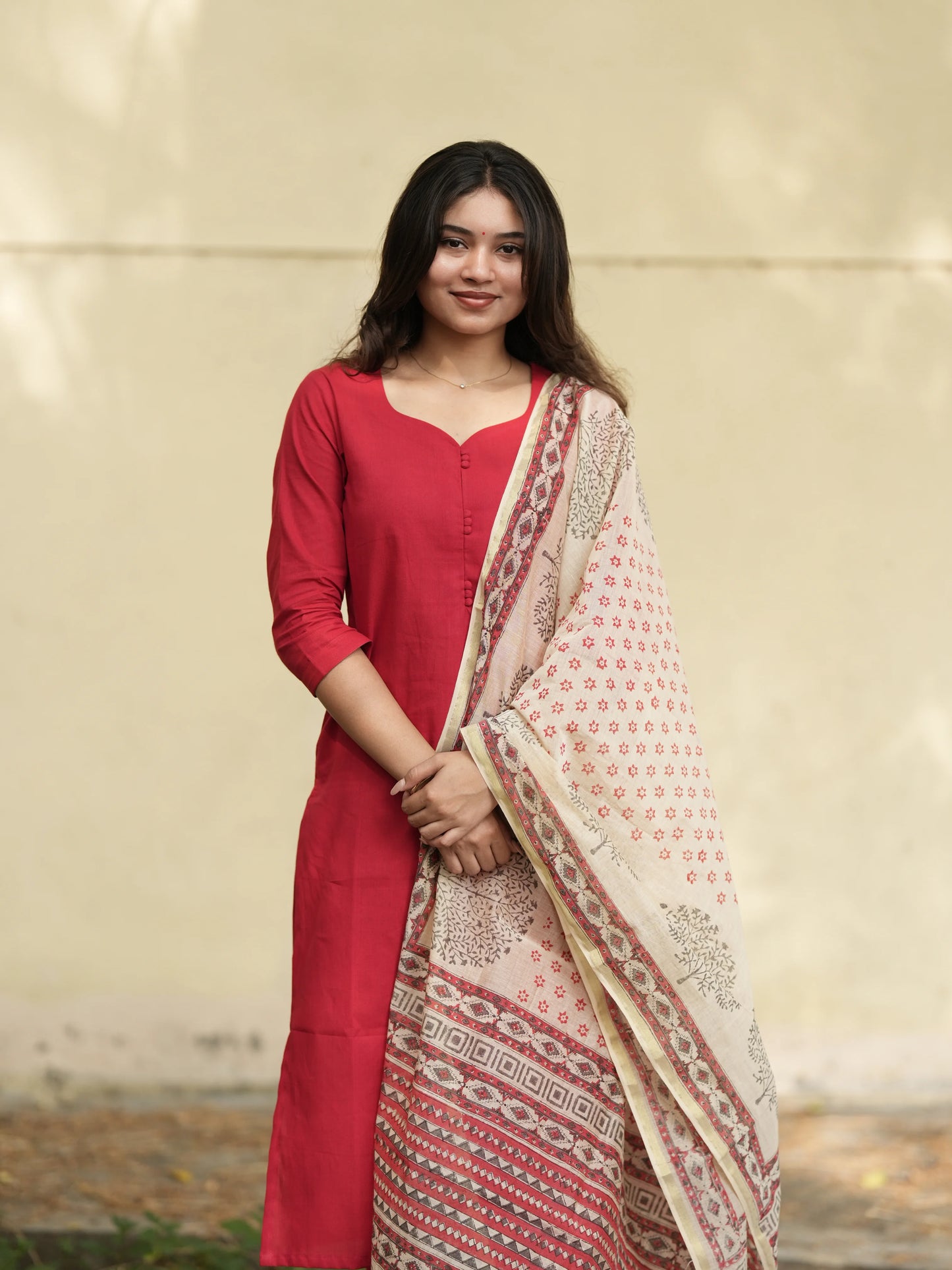 Red Madder Lake South Cotton Suit Set with Block Printed Dupatta (3 Pcs.)