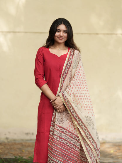 Red Madder Lake South Cotton Suit Set with Block Printed Dupatta (3 Pcs.)