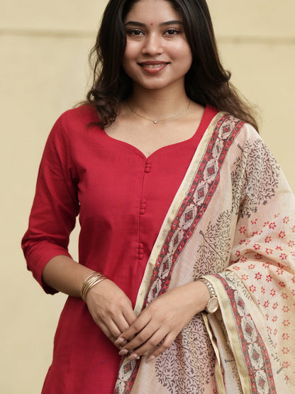 Red Madder Lake South Cotton Suit Set with Block Printed Dupatta (3 Pcs.)