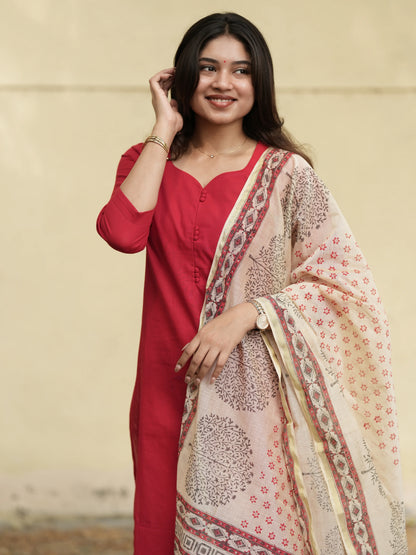Red Madder Lake South Cotton Suit Set with Block Printed Dupatta (3 Pcs.)
