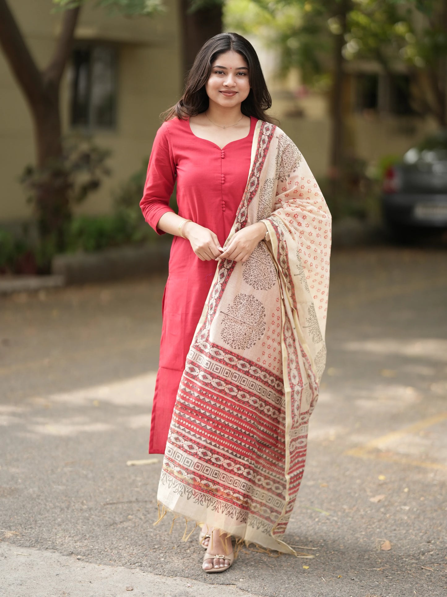 Red Madder Lake South Cotton Suit Set with Block Printed Dupatta (3 Pcs.)