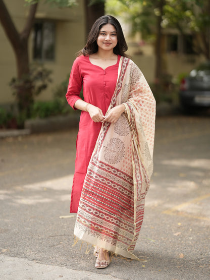 Red Madder Lake South Cotton Suit Set with Block Printed Dupatta (3 Pcs.)