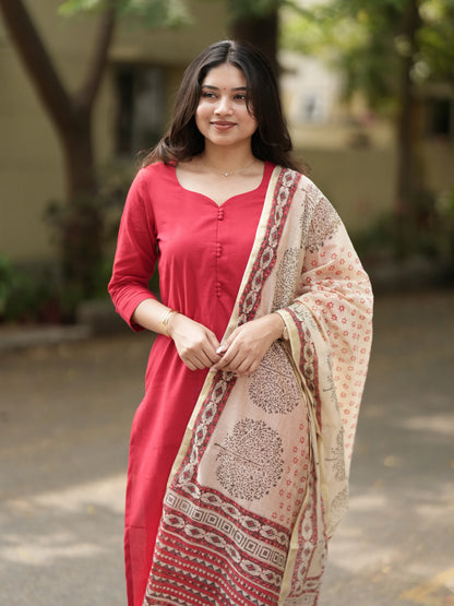 Red Madder Lake South Cotton Suit Set with Block Printed Dupatta (3 Pcs.)