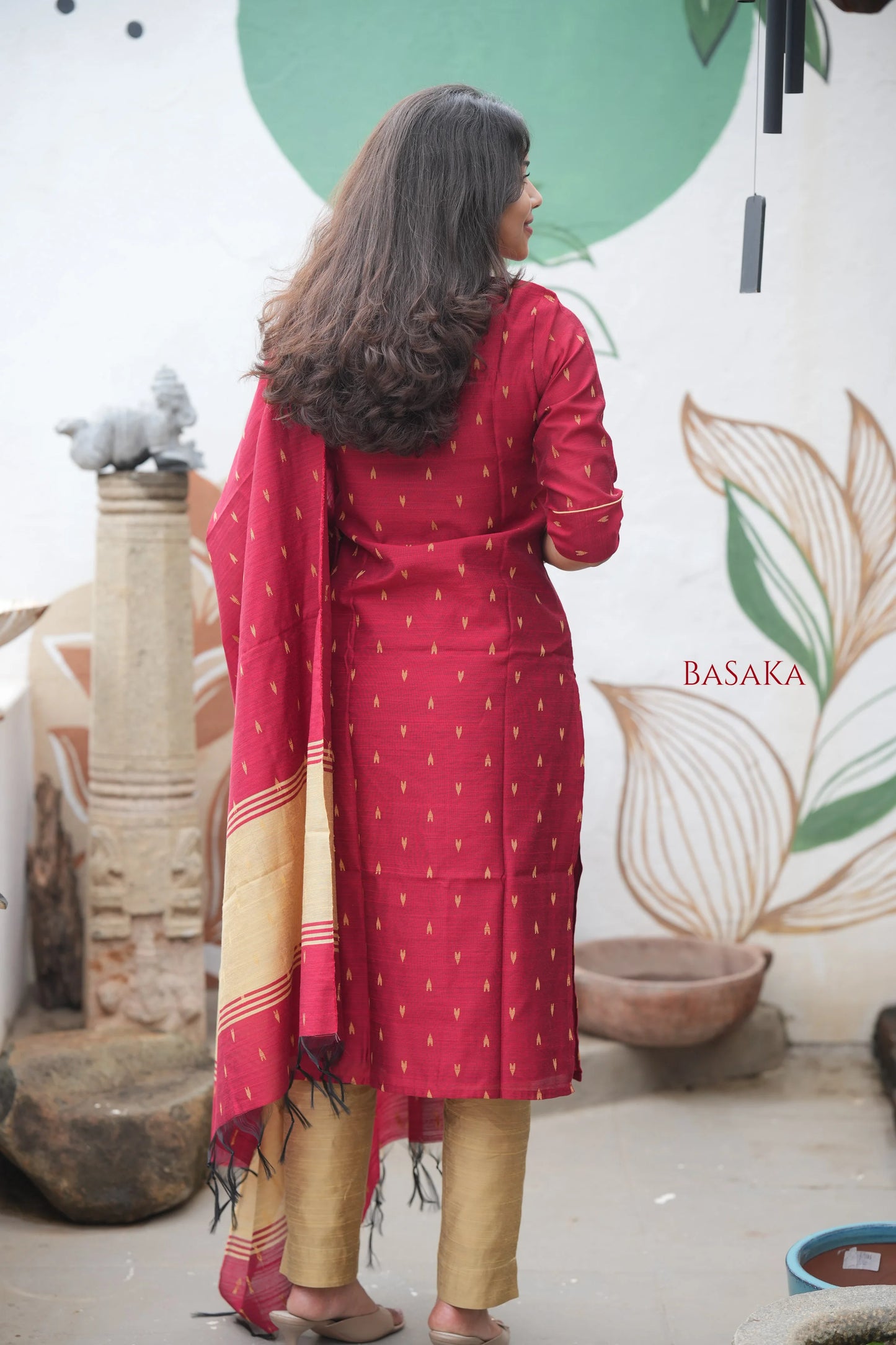 Reddish Maroon Soft Raw Silk Suit Set (3 Pcs.) with Lining
