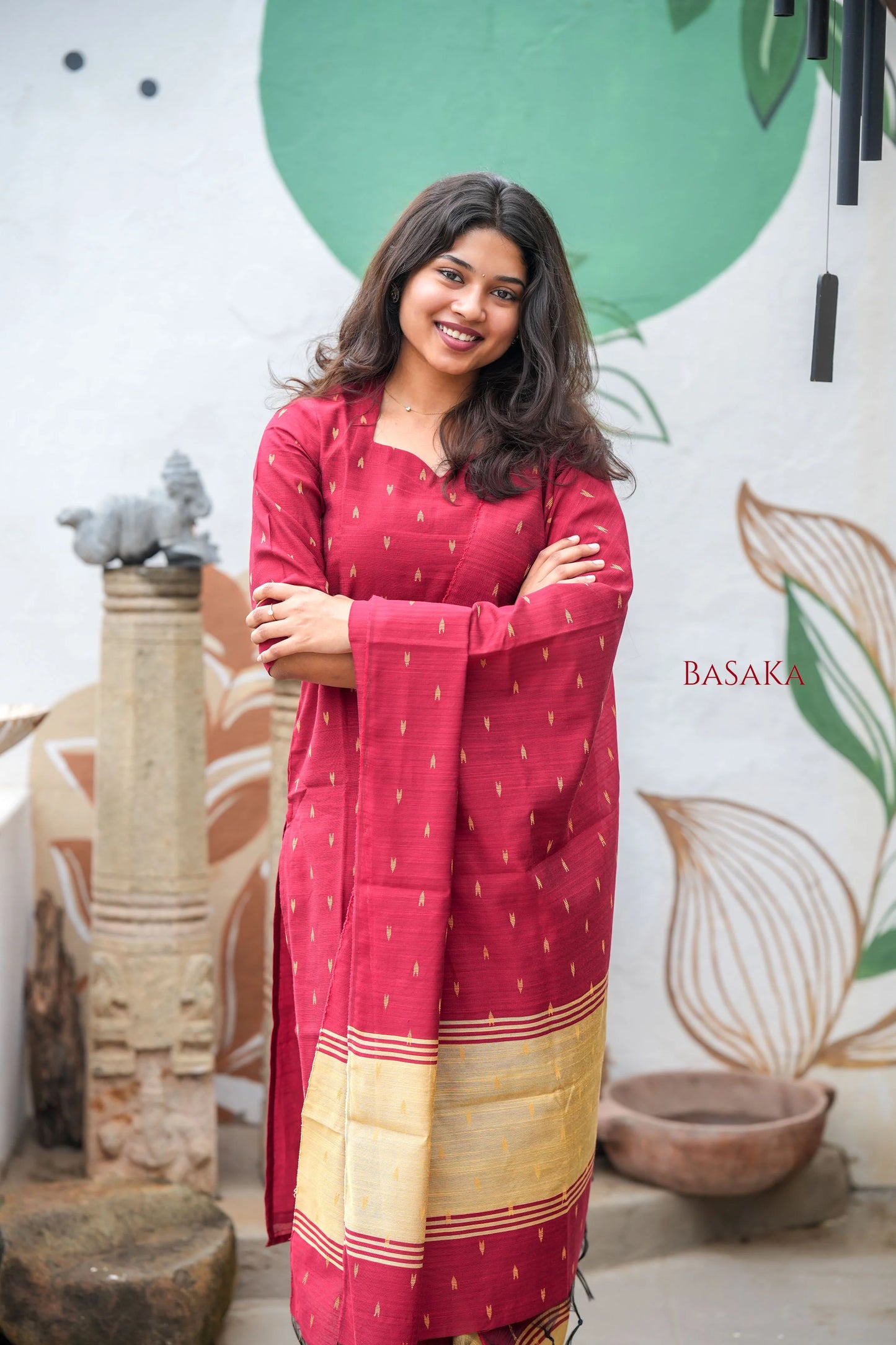 Reddish Maroon Soft Raw Silk Suit Set (3 Pcs.) with Lining