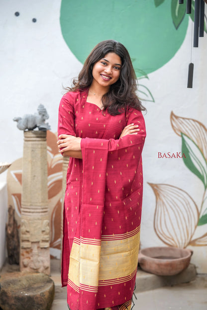 Reddish Maroon Soft Raw Silk Suit Set (3 Pcs.) with Lining