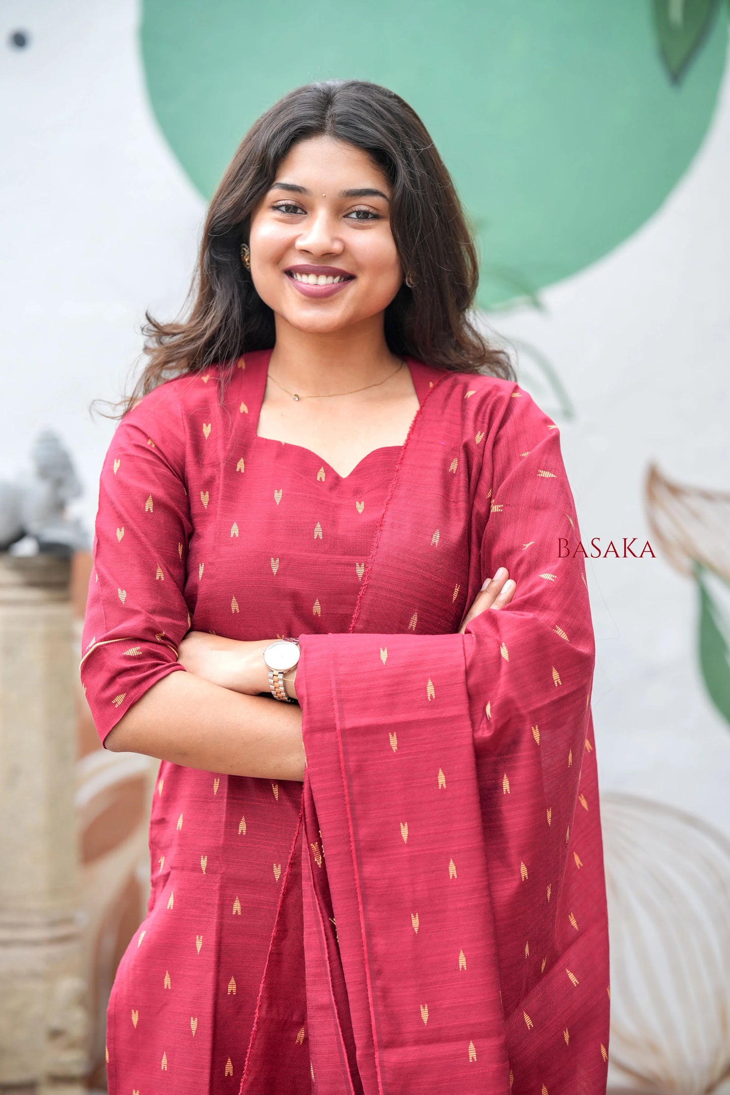 Reddish Maroon Soft Raw Silk Suit Set (3 Pcs.) with Lining