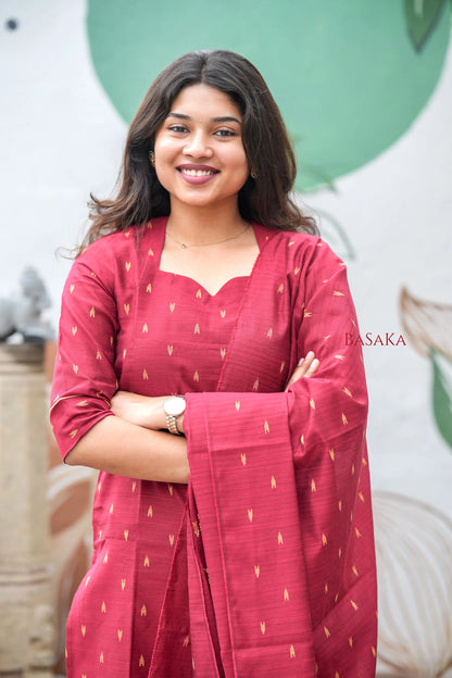 Reddish Maroon Soft Raw Silk Suit Set (3 Pcs.) with Lining