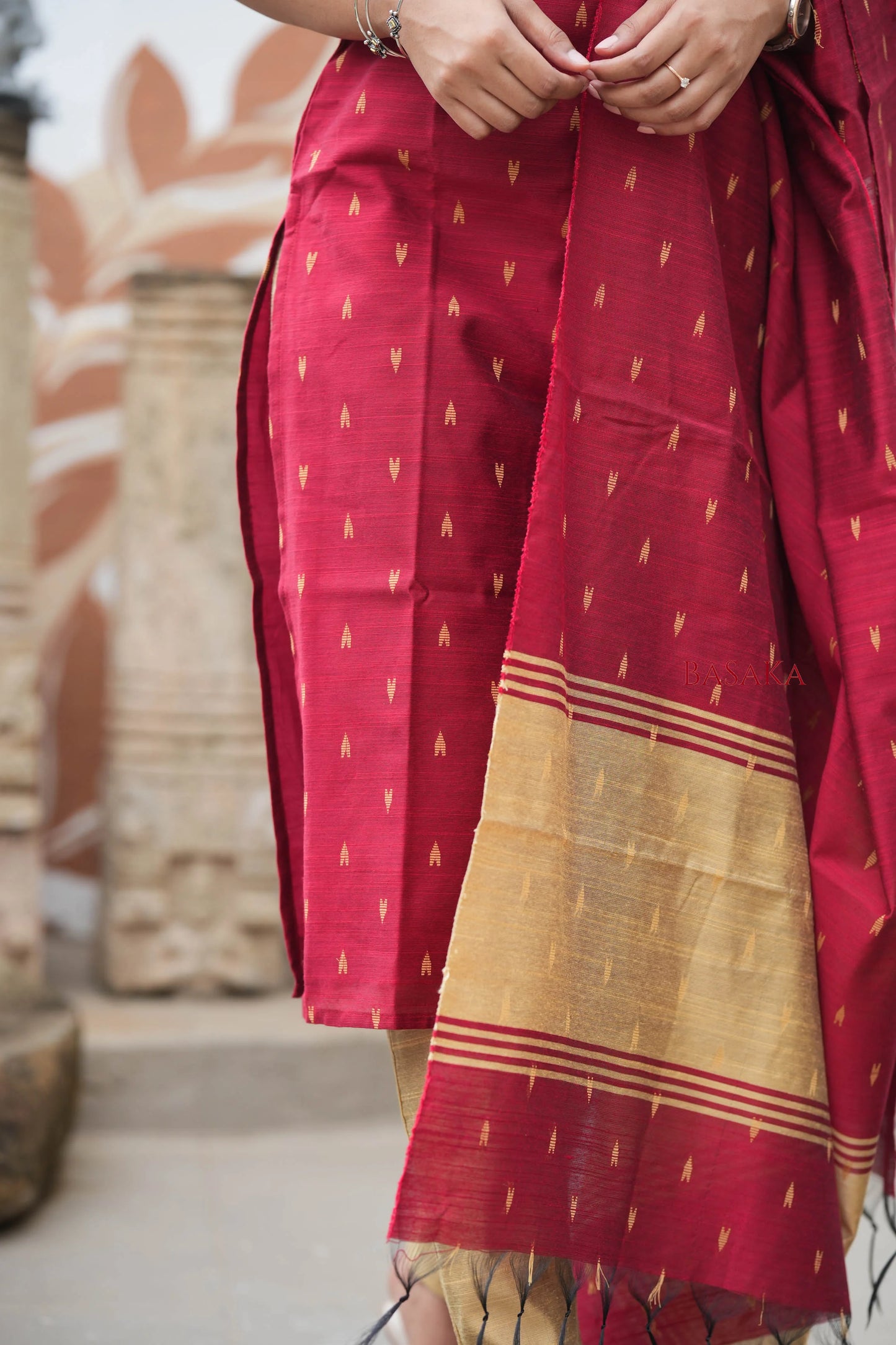 Reddish Maroon Soft Raw Silk Suit Set (3 Pcs.) with Lining