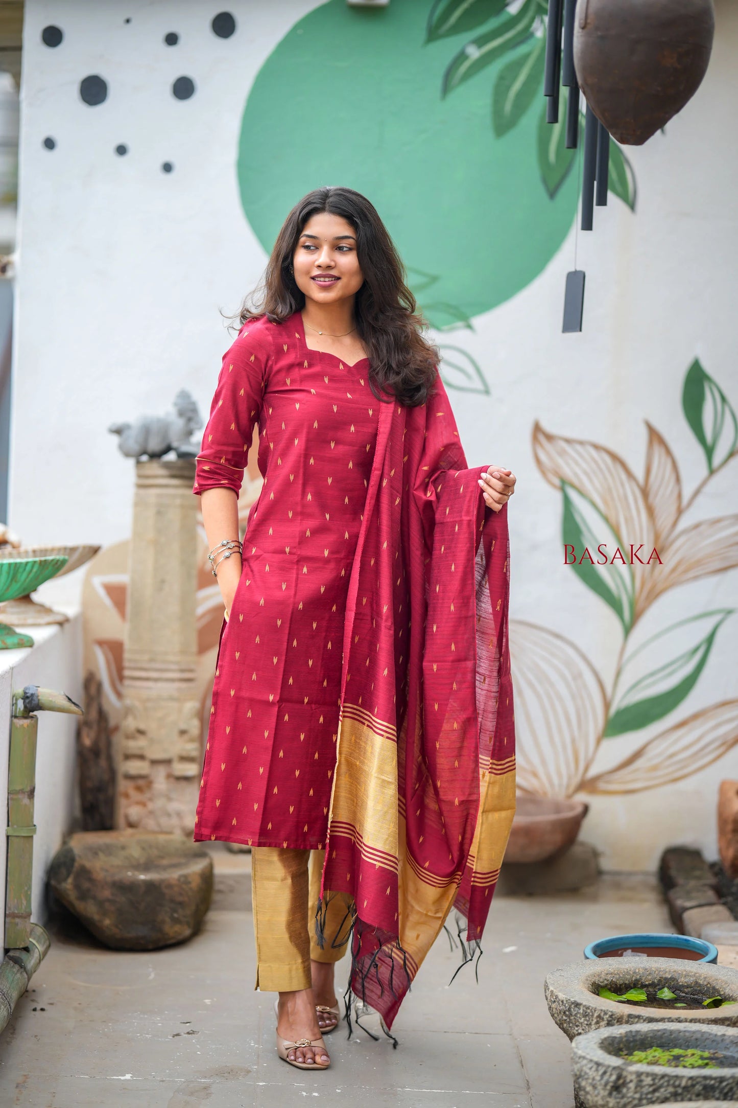 Reddish Maroon Soft Raw Silk Suit Set (3 Pcs.) with Lining