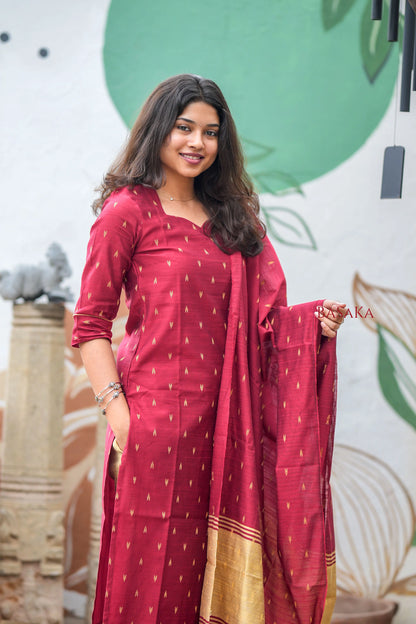 Reddish Maroon Soft Raw Silk Suit Set (3 Pcs.) with Lining