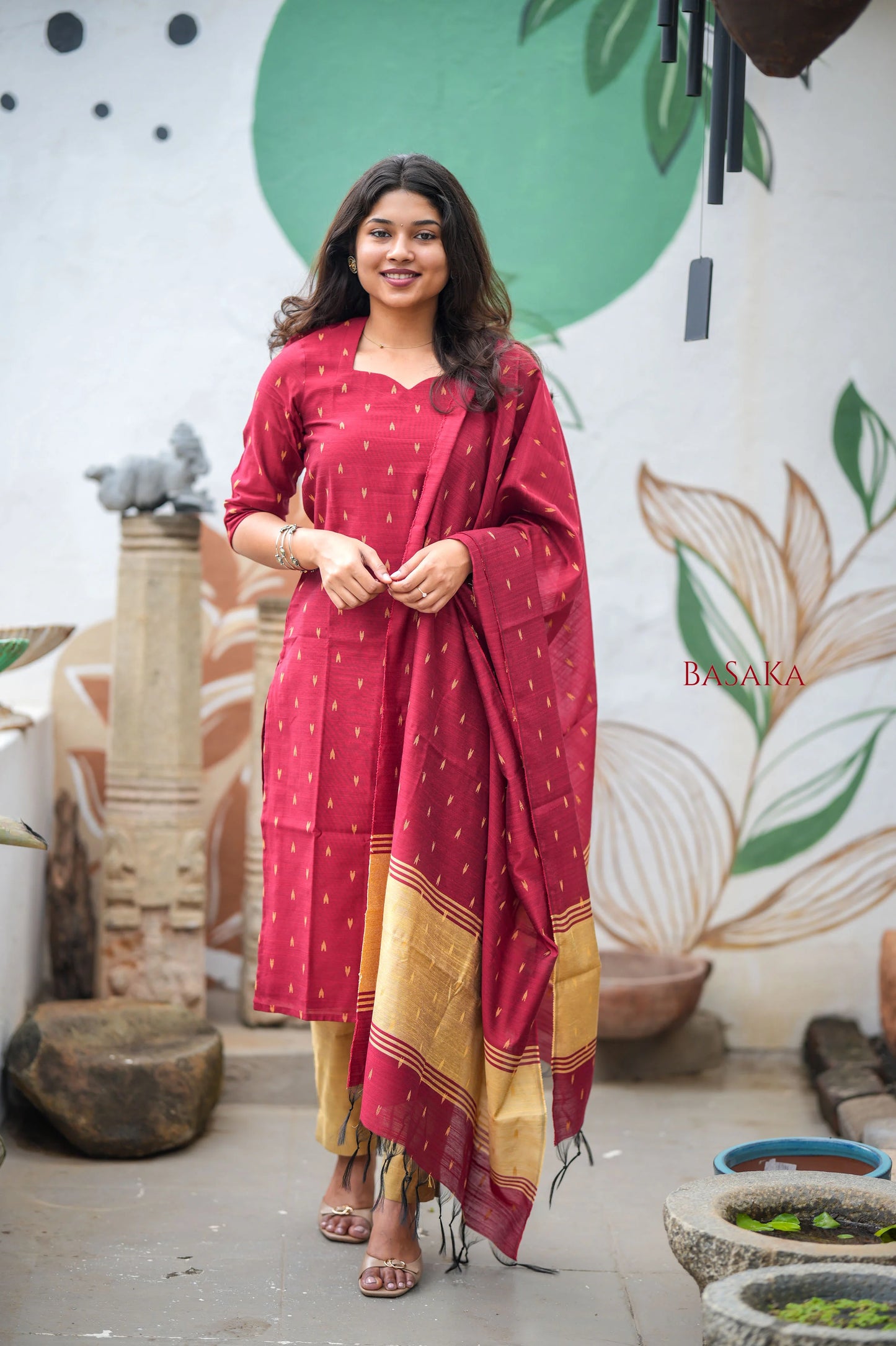 Reddish Maroon Soft Raw Silk Suit Set (3 Pcs.) with Lining