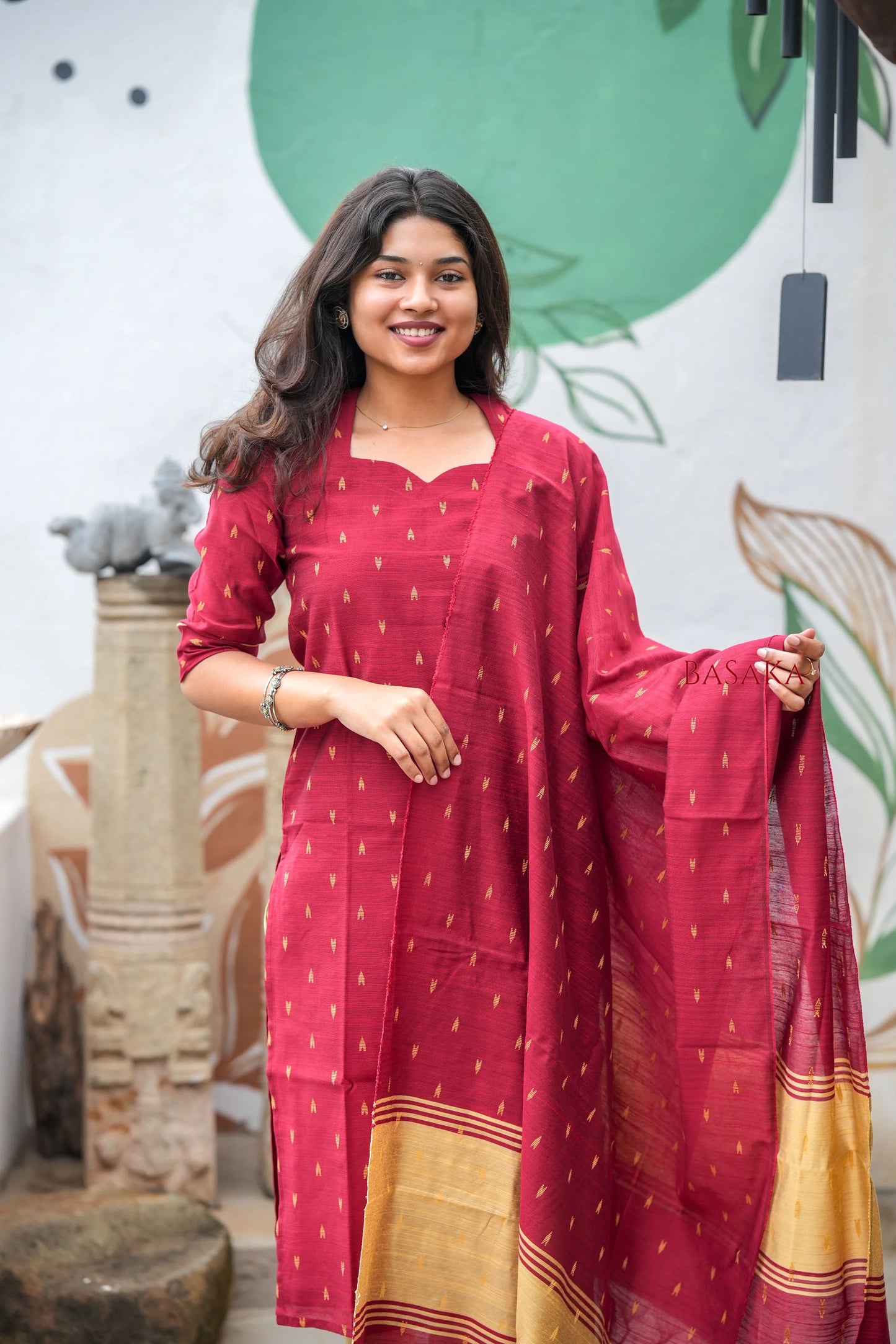 Reddish Maroon Soft Raw Silk Suit Set (3 Pcs.) with Lining