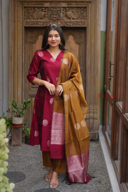 Rich Maroon n Bronze Kora Silk A-Line Suit Set (3 pcs.) with lining