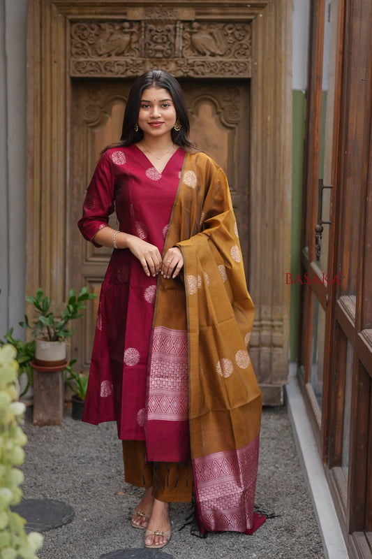 Rich Maroon n Bronze Kora Silk A-Line Suit Set (3 pcs.) with lining