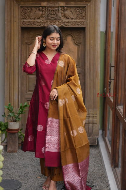 Rich Maroon n Bronze Kora Silk A-Line Suit Set (3 pcs.) with lining