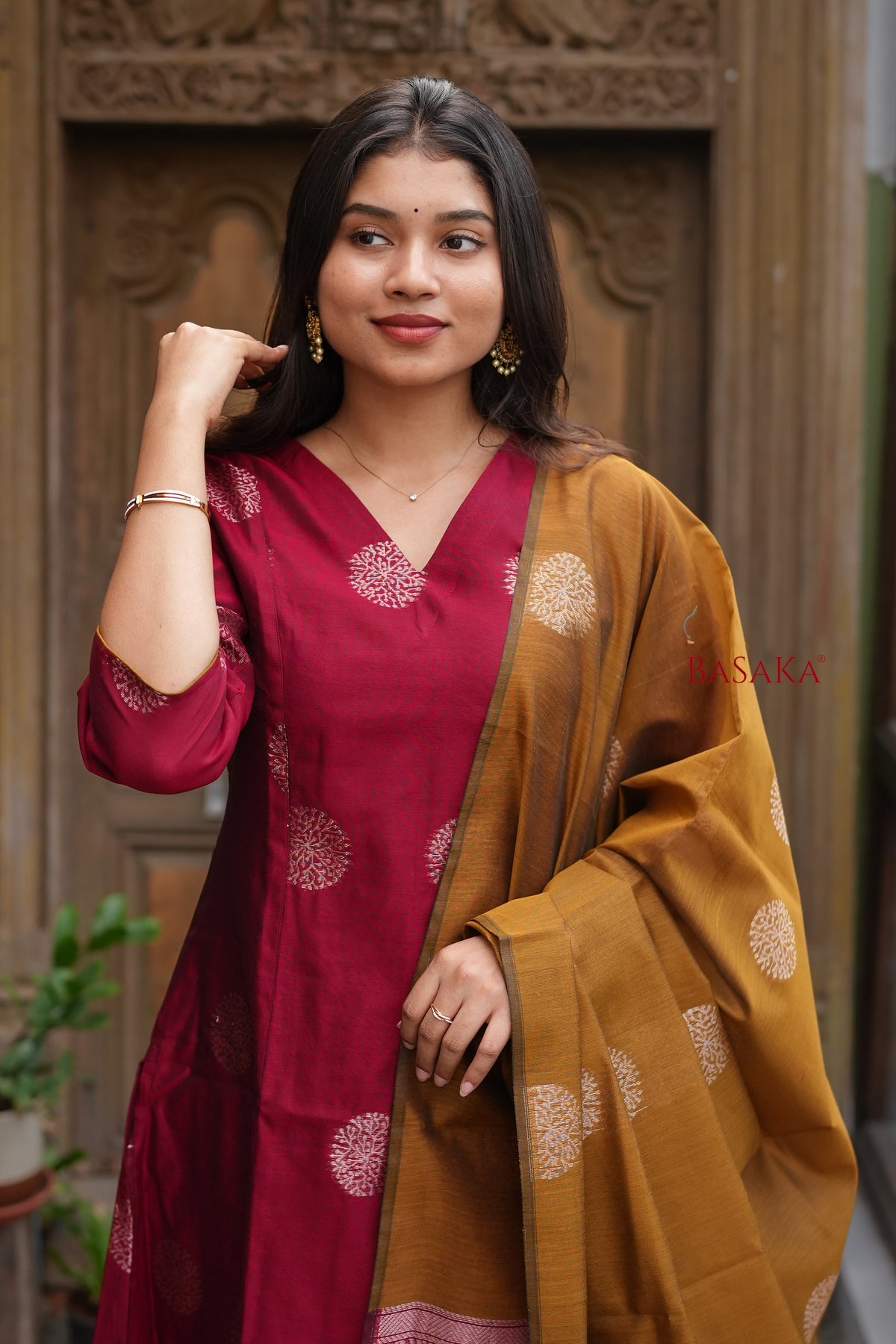 Rich Maroon n Bronze Kora Silk A-Line Suit Set (3 pcs.) with lining