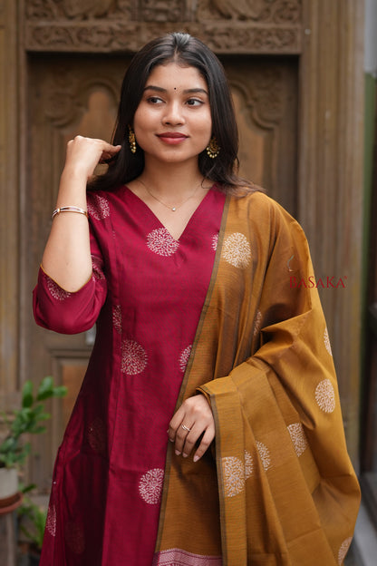 Rich Maroon n Bronze Kora Silk A-Line Suit Set (3 pcs.) with lining