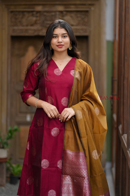 Rich Maroon n Bronze Kora Silk A-Line Suit Set (3 pcs.) with lining
