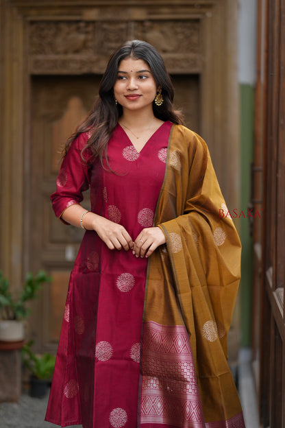 Rich Maroon n Bronze Kora Silk A-Line Suit Set (3 pcs.) with lining