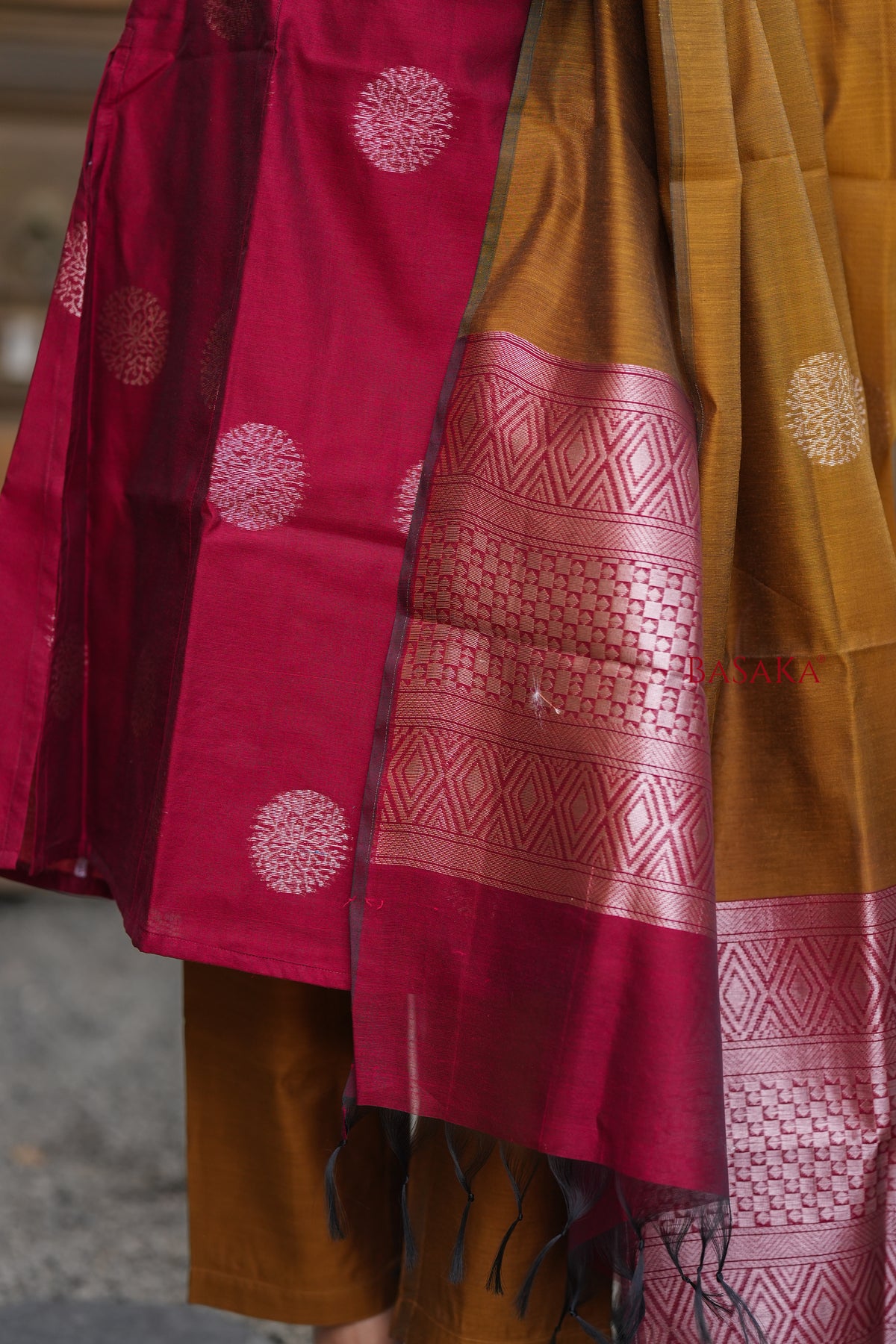 Rich Maroon n Bronze Kora Silk A-Line Suit Set (3 pcs.) with lining
