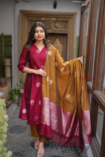 Rich Maroon n Bronze Kora Silk A-Line Suit Set (3 pcs.) with lining