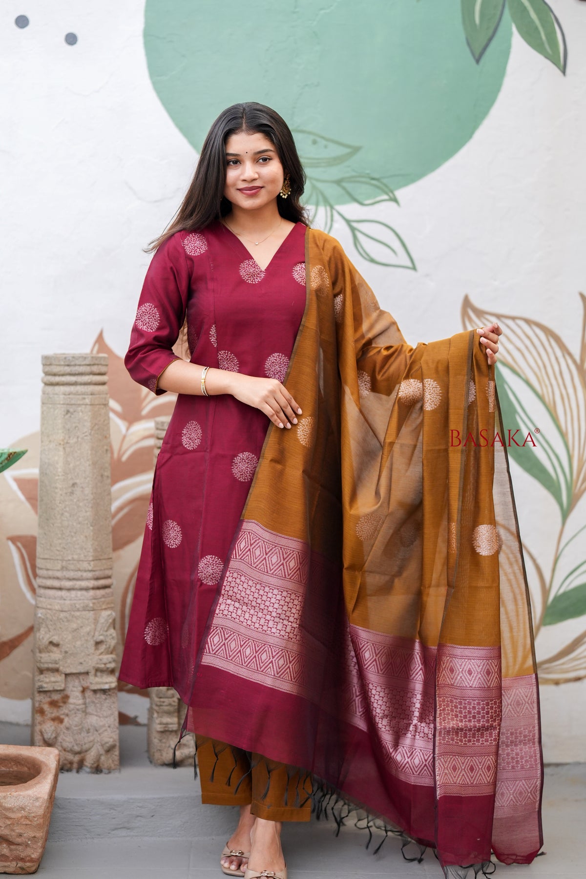Rich Maroon n Bronze Kora Silk A-Line Suit Set (3 pcs.) with lining