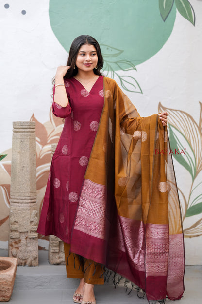 Rich Maroon n Bronze Kora Silk A-Line Suit Set (3 pcs.) with lining