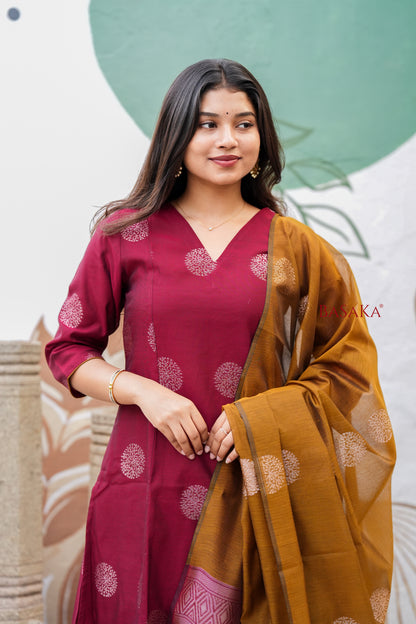 Rich Maroon n Bronze Kora Silk A-Line Suit Set (3 pcs.) with lining