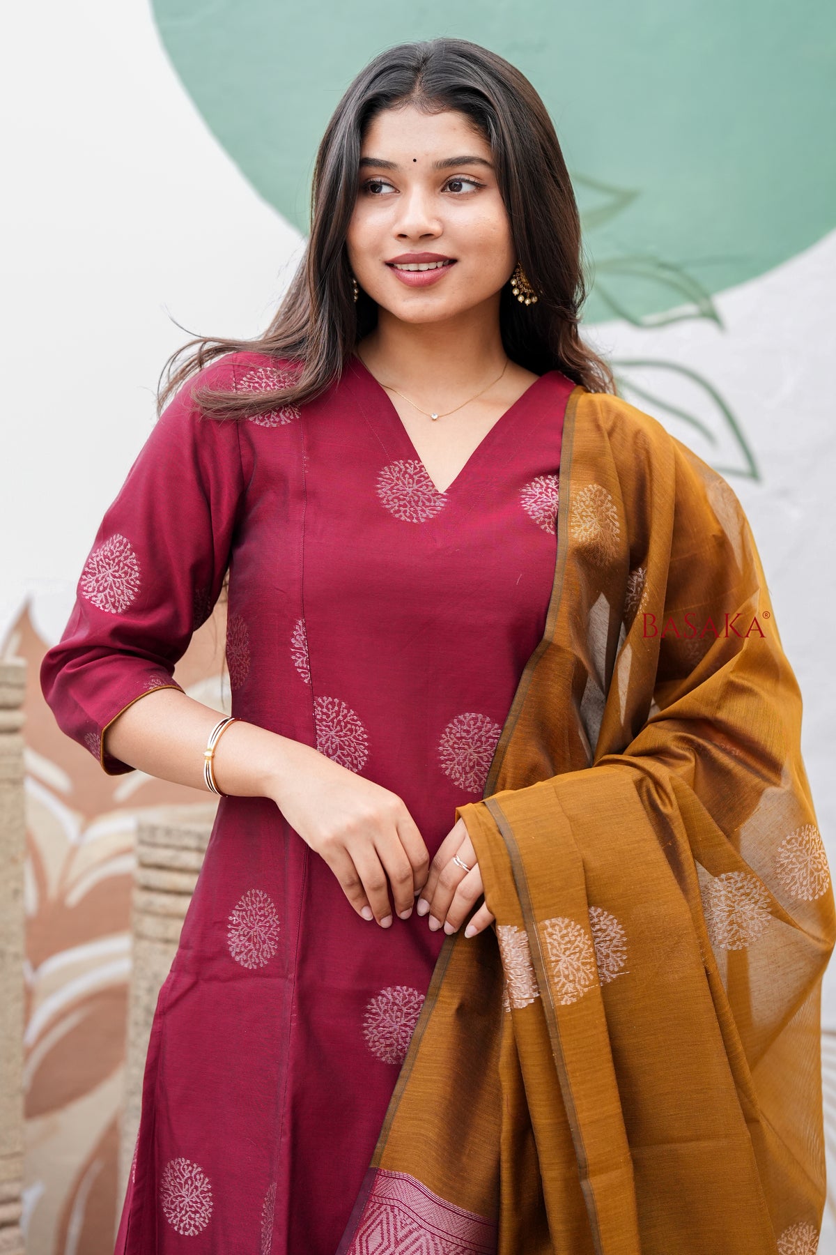 Rich Maroon n Bronze Kora Silk A-Line Suit Set (3 pcs.) with lining