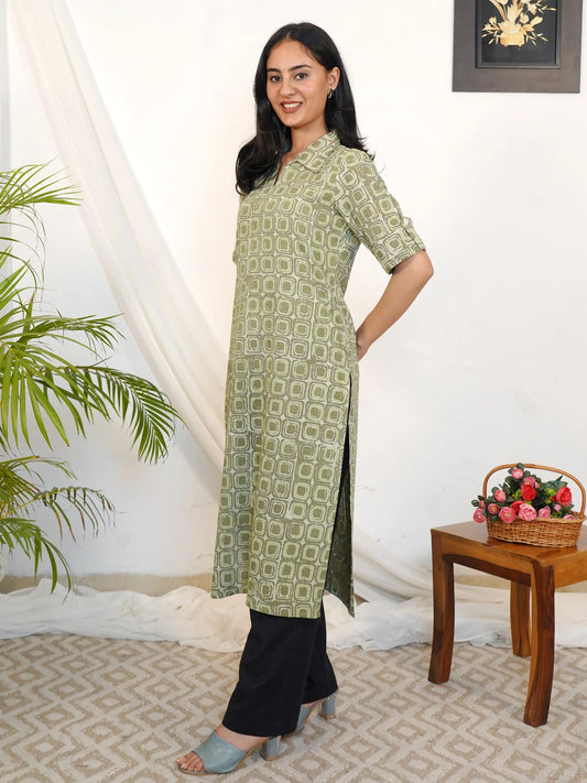Russian Green Block Printed Shirt Collar COTTON Kurta