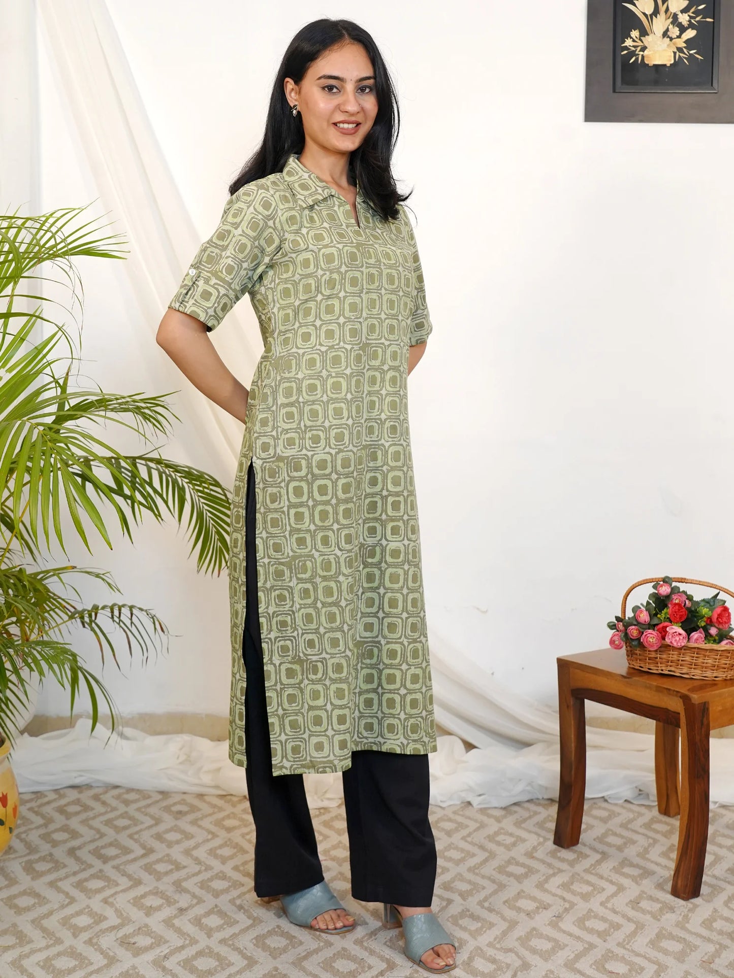 Russian Green Block Printed Shirt Collar COTTON Kurta