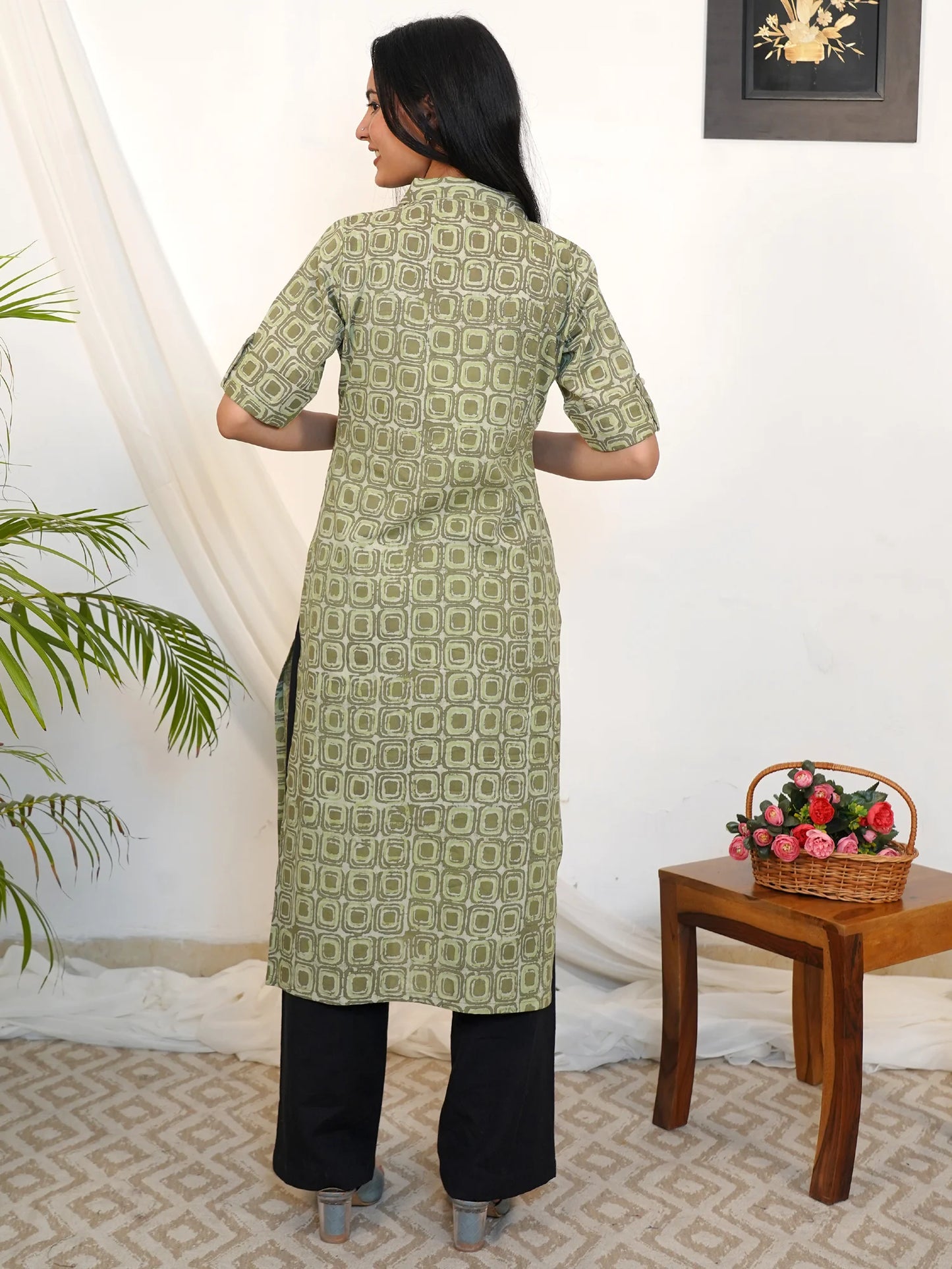 Russian Green Block Printed Shirt Collar COTTON Kurta